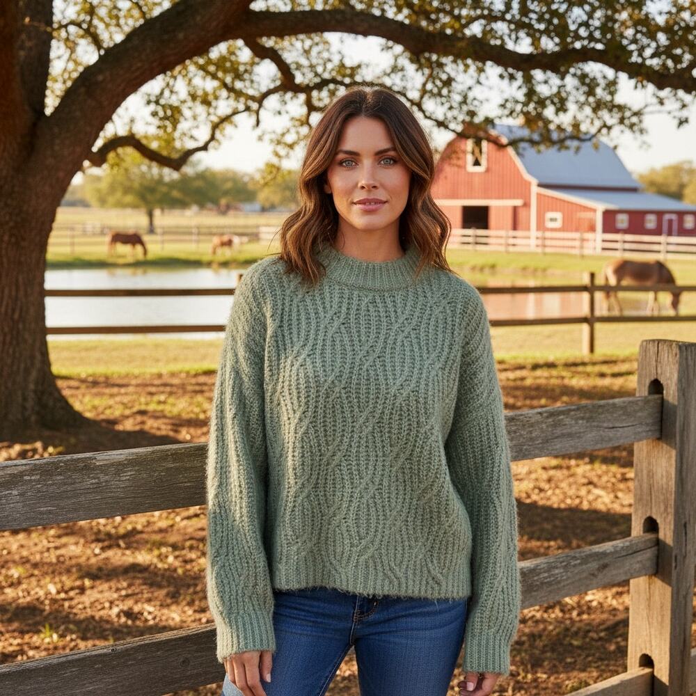 Chelsea & Violet Womens Small Sage Green Cropped Knit Sweater Cozy Boho Pullover